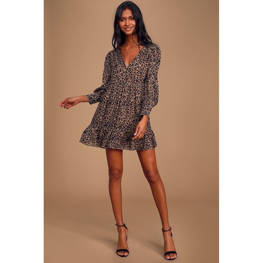 Lulus Rock It Out Brown and Black Leopard Print Babydoll Dress Size L